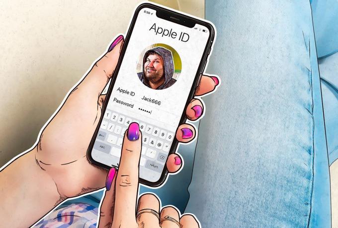 Manos de mujer ingresando datos de Apple ID en un iPhone